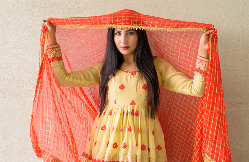Portrait of beautiful young Indian woman wearing traditional clothes outdoors